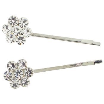 Karen Marie - Crystal Flower Bobby Pins - White Diamond Hued - Silver (Set of 2)